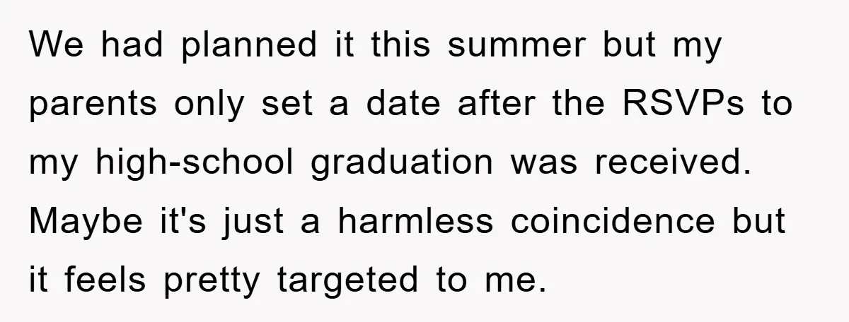 We had planned it this summer but my parents only set a date after the RSVPs to my high-school graduation was received. Maybe it's just a harmless coincidence but it...