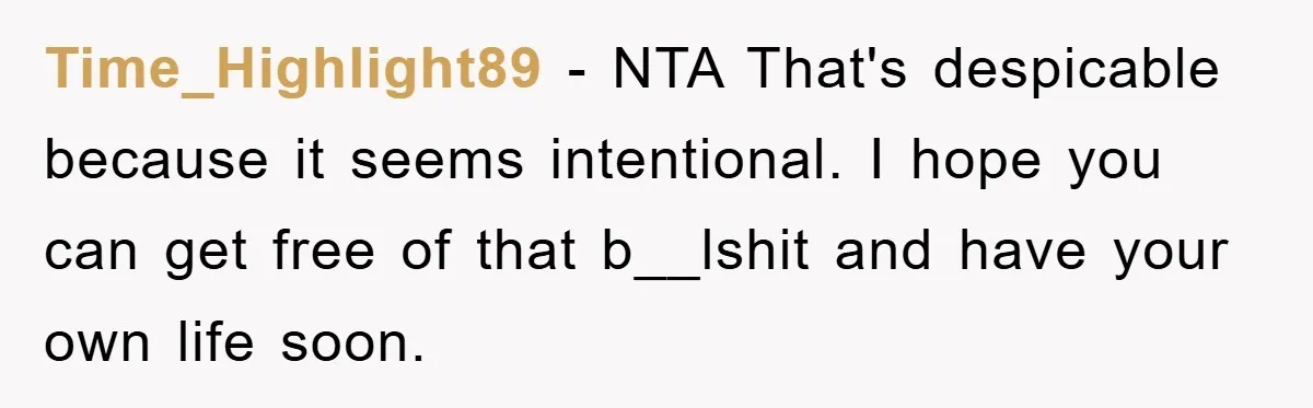 Time_Highlight89 − NTA That's despicable because it seems intentional. I hope you can get free of that b__lshit and have your own life soon.