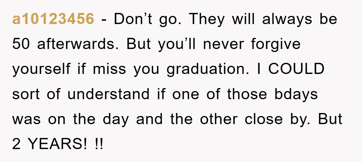 a10123456 − Don’t go. They will always be 50 afterwards. But you’ll never forgive yourself if miss you graduation. I COULD sort of understand if one of those bdays was...