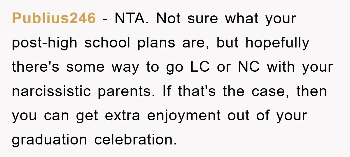 Publius246 − NTA. Not sure what your post-high school plans are, but hopefully there's some way to go LC or NC with your narcissistic parents. If that's the case, then...