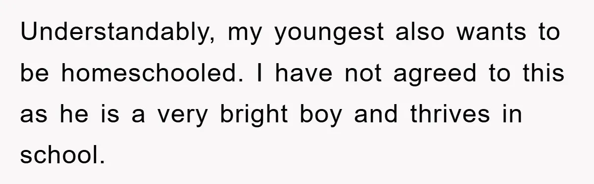 Understandably, my youngest also wants to be homeschooled. I have not agreed to this as he is a very bright boy and thrives in school.