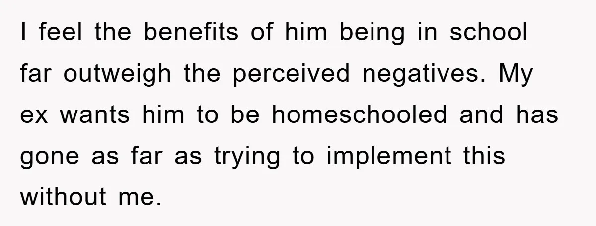 I feel the benefits of him being in school far outweigh the perceived negatives. My ex wants him to be homeschooled and has gone as far as trying to implement...