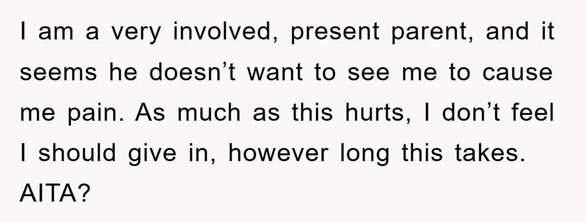 I am a very involved, present parent, and it seems he doesn’t want to see me to cause me pain. As much as this hurts, I don’t feel I should...