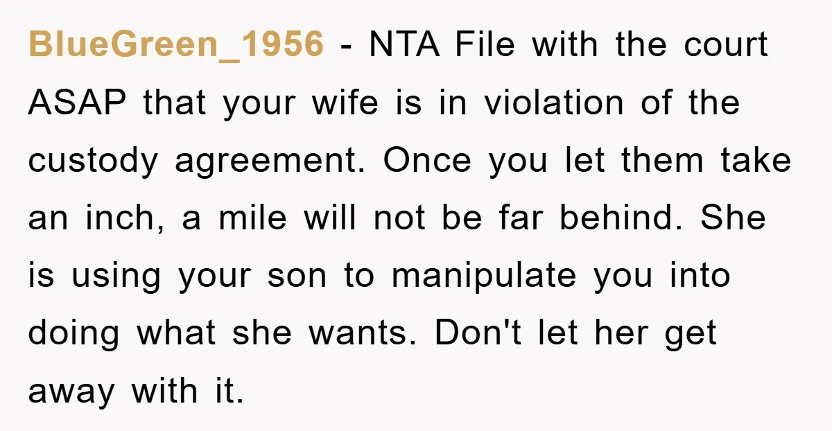 BlueGreen_1956 − NTA File with the court ASAP that your wife is in violation of the custody agreement. Once you let them take an inch, a mile will not be...