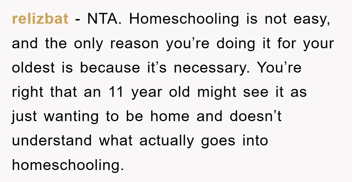 relizbat − NTA. Homeschooling is not easy, and the only reason you’re doing it for your oldest is because it’s necessary. You’re right that an 11 year old might see...