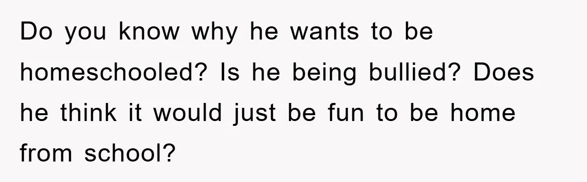 Do you know why he wants to be homeschooled? Is he being bullied? Does he think it would just be fun to be home from school?
