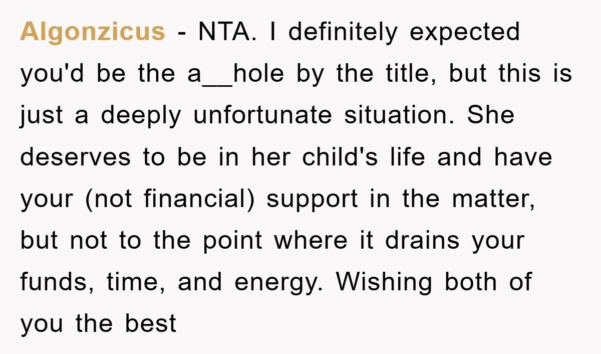 Algonzicus − NTA. I definitely expected you'd be the a__hole by the title, but this is just a deeply unfortunate situation. She deserves to be in her child's life and...