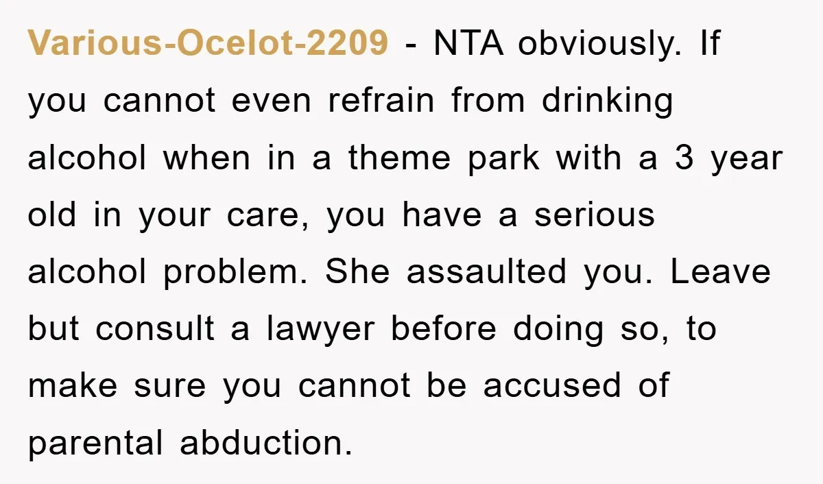 Various-Ocelot-2209 − NTA obviously. If you cannot even refrain from drinking alcohol when in a theme park with a 3 year old in your care, you have a serious alcohol...