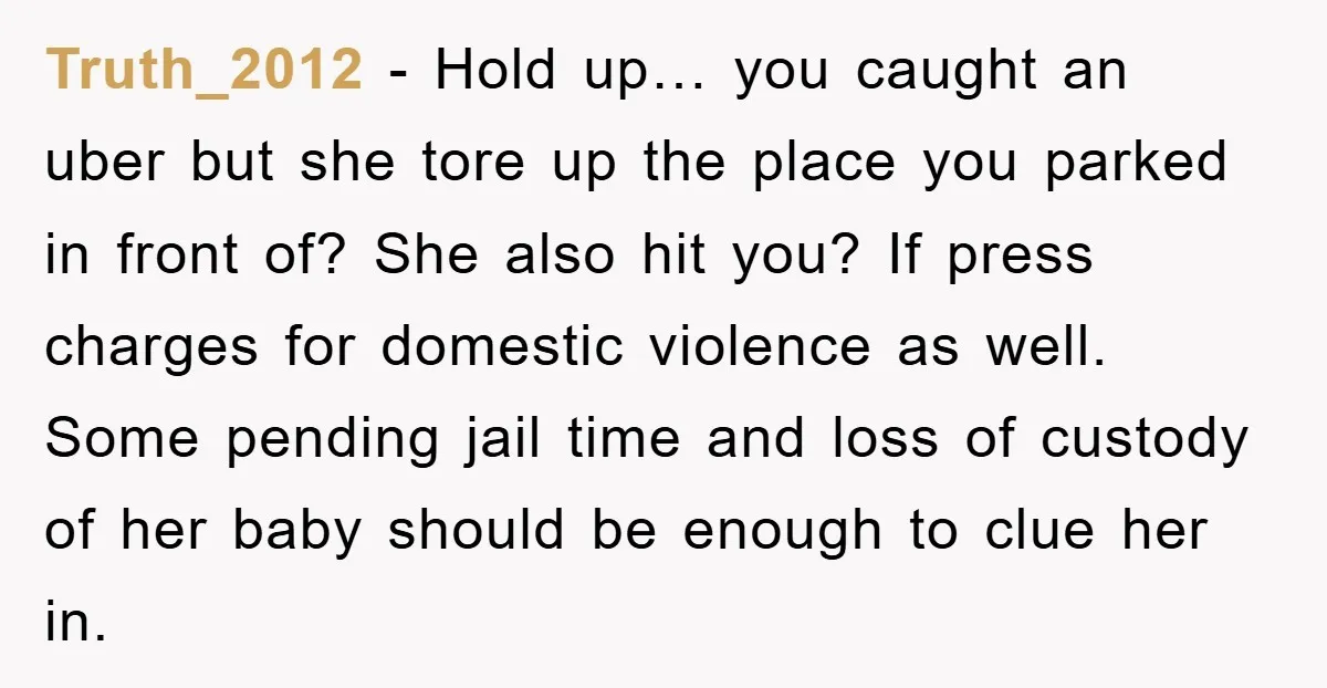 Truth_2012 − Hold up… you caught an uber but she tore up the place you parked in front of? She also hit you? If press charges for domestic violence as...