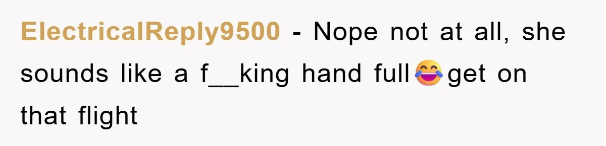 ElectricalReply9500 − Nope not at all, she sounds like a f__king hand full😂get on that flight