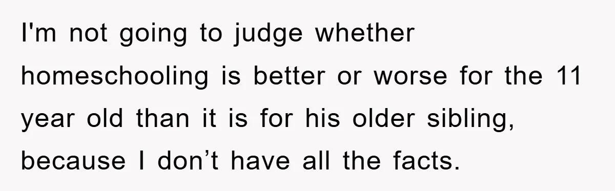I'm not going to judge whether homeschooling is better or worse for the 11 year old than it is for his older sibling, because I don’t have all the facts.