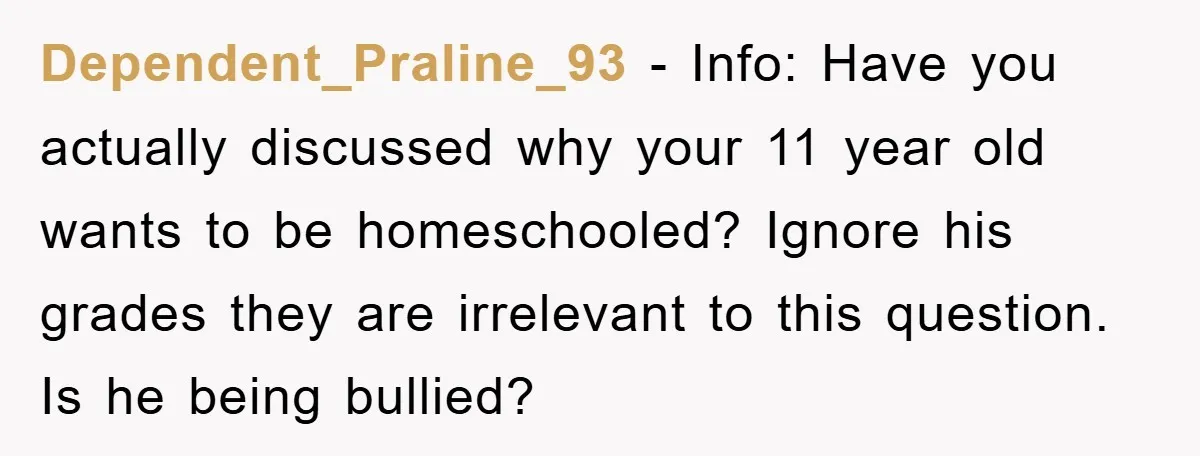 Dependent_Praline_93 − Info: Have you actually discussed why your 11 year old wants to be homeschooled? Ignore his grades they are irrelevant to this question. Is he being bullied?