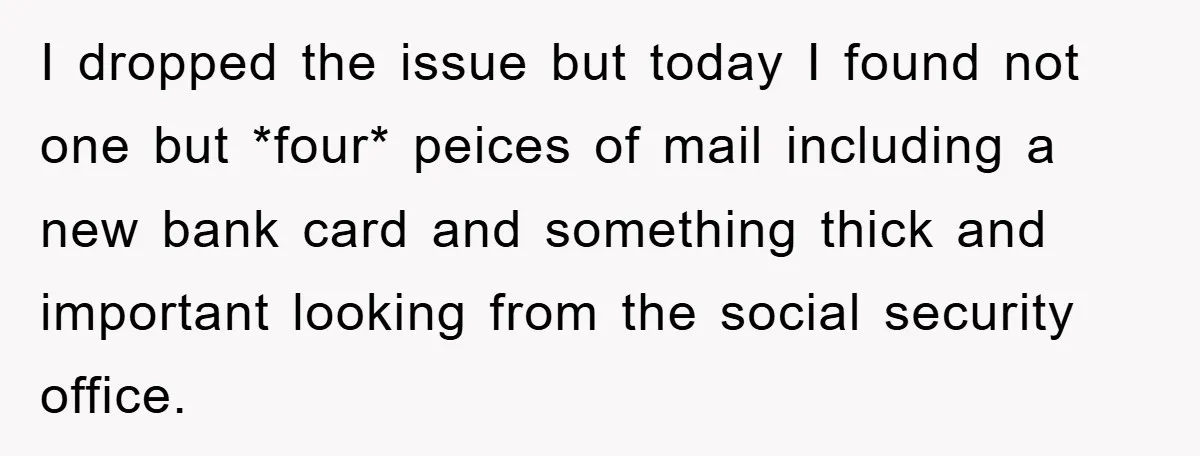 I dropped the issue but today I found not one but *four* peices of mail including a new bank card and something thick and important looking from the social security...
