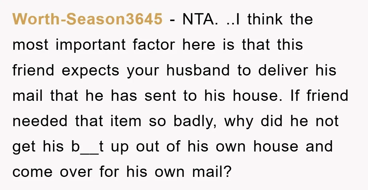 Worth-Season3645 − NTA. ..I think the most important factor here is that this friend expects your husband to deliver his mail that he has sent to his house. If friend...
