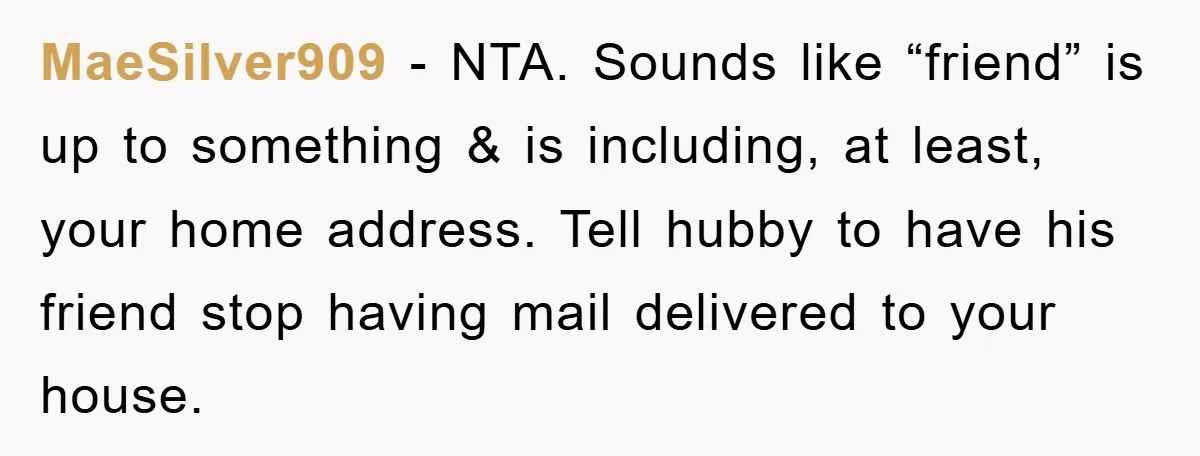 MaeSilver909 − NTA. Sounds like “friend” is up to something & is including, at least, your home address. Tell hubby to have his friend stop having mail delivered to your...