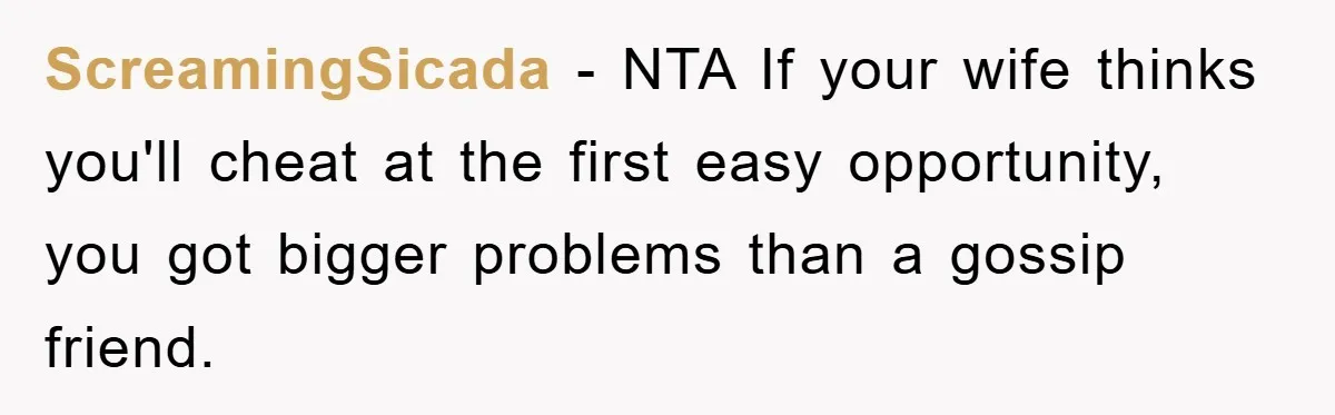 ScreamingSicada − NTA If your wife thinks you'll cheat at the first easy opportunity, you got bigger problems than a gossip friend.