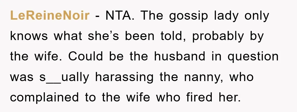 LeReineNoir − NTA. The gossip lady only knows what she’s been told, probably by the wife. Could be the husband in question was s__ually harassing the nanny, who complained to...