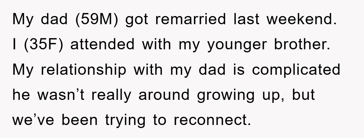 My dad (59M) got remarried last weekend. I (35F) attended with my younger brother. My relationship with my dad is complicated he wasn’t really around growing up, but we’ve been...