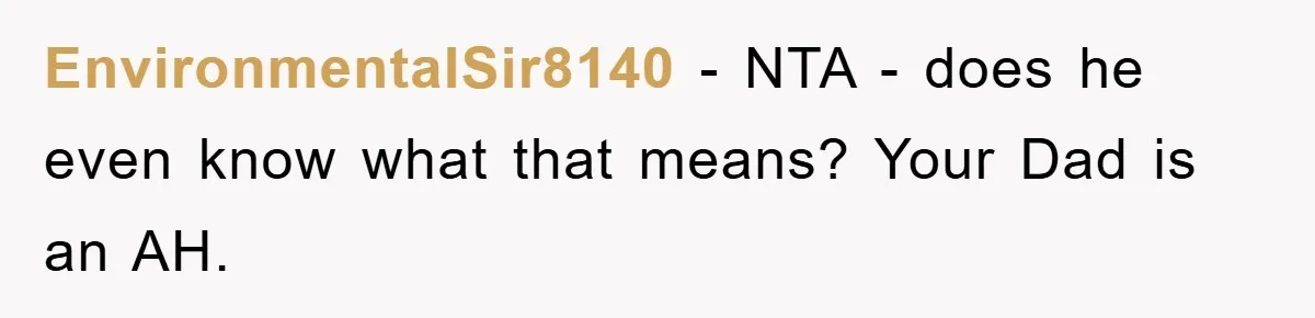 EnvironmentalSir8140 − NTA - does he even know what that means? Your Dad is an AH.