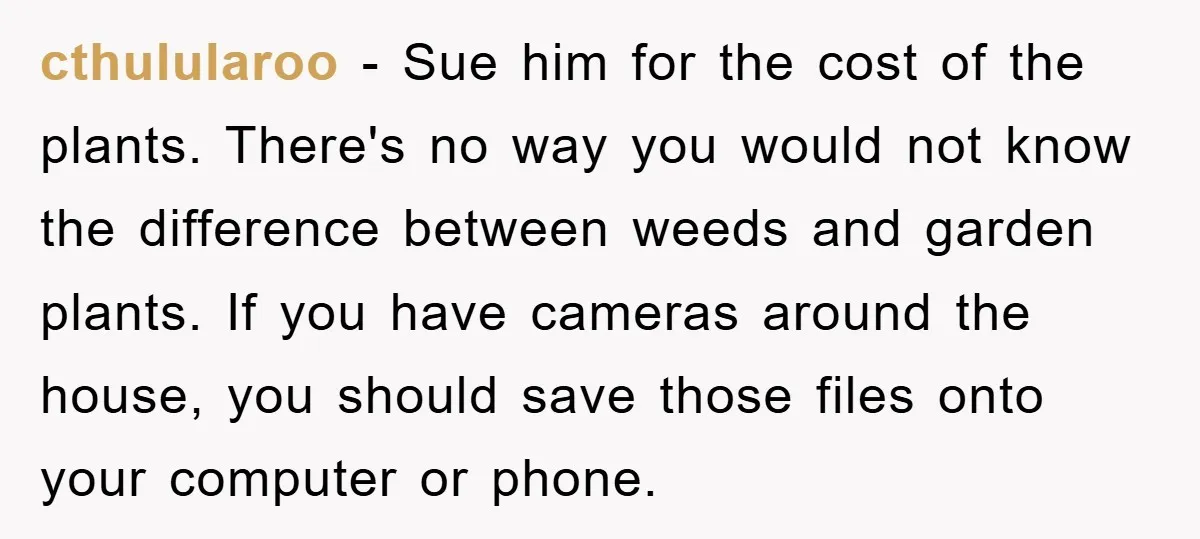 cthulularoo − Sue him for the cost of the plants. There's no way you would not know the difference between weeds and garden plants. If you have cameras around the...