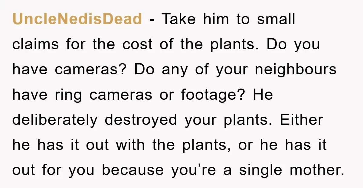 UncleNedisDead − Take him to small claims for the cost of the plants. Do you have cameras? Do any of your neighbours have ring cameras or footage? He deliberately destroyed...