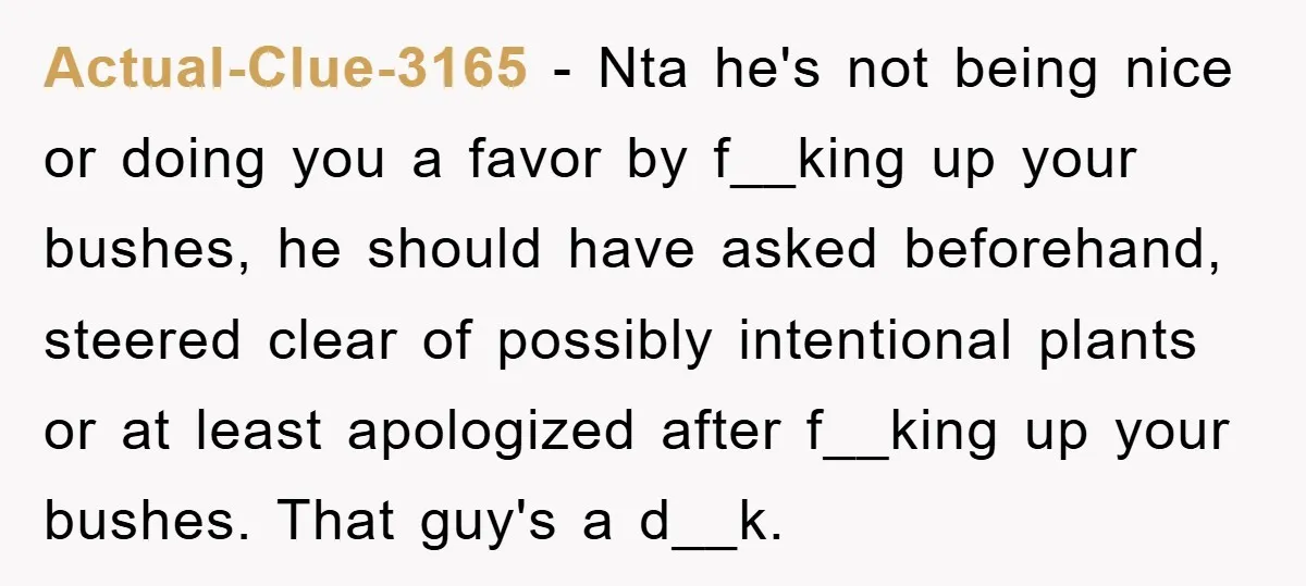 Actual-Clue-3165 − Nta he's not being nice or doing you a favor by f__king up your bushes, he should have asked beforehand, steered clear of possibly intentional plants or at...