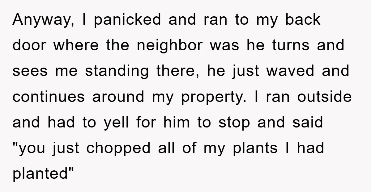 Anyway, I panicked and ran to my back door where the neighbor was he turns and sees me standing there, he just waved and continues around my property. I ran...