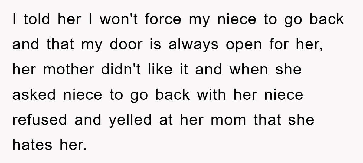 I told her I won't force my niece to go back and that my door is always open for her, her mother didn't like it and when she asked niece...