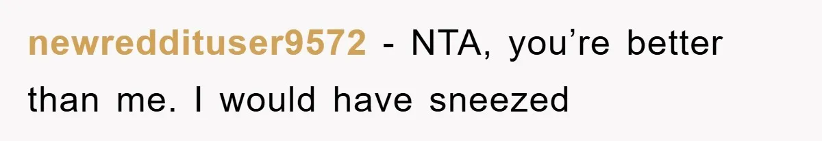 newreddituser9572 − NTA, you’re better than me. I would have sneezed