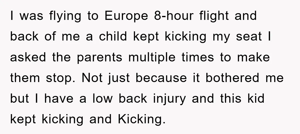 I was flying to Europe 8-hour flight and back of me a child kept kicking my seat I asked the parents multiple times to make them stop. Not just because...