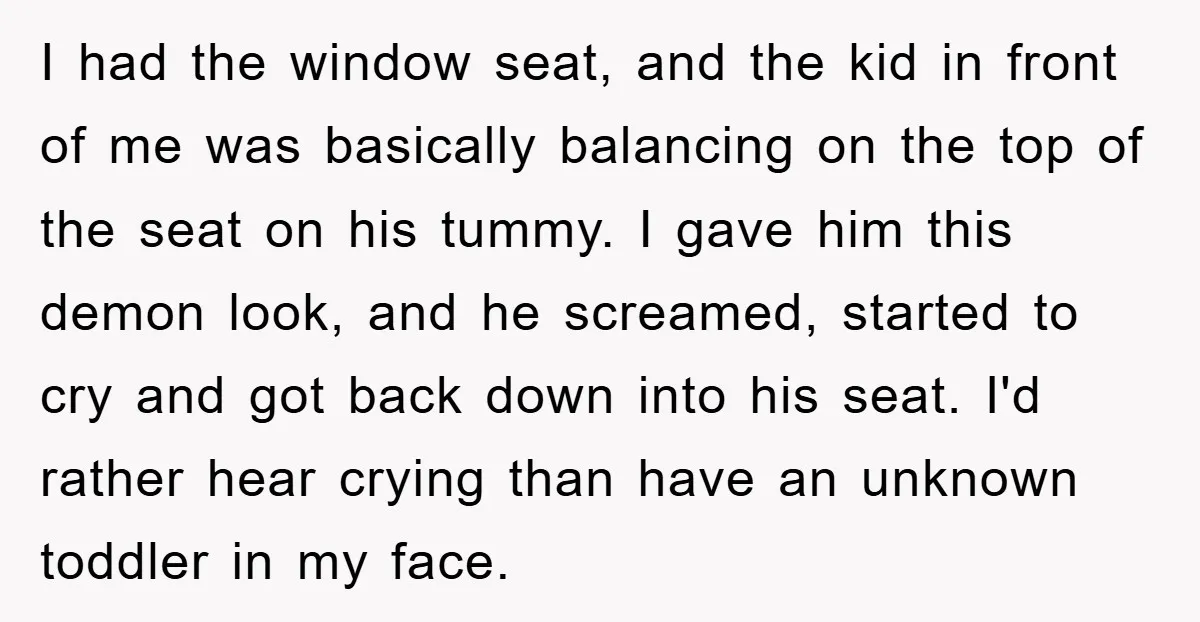 I had the window seat, and the kid in front of me was basically balancing on the top of the seat on his tummy. I gave him this demon look,...