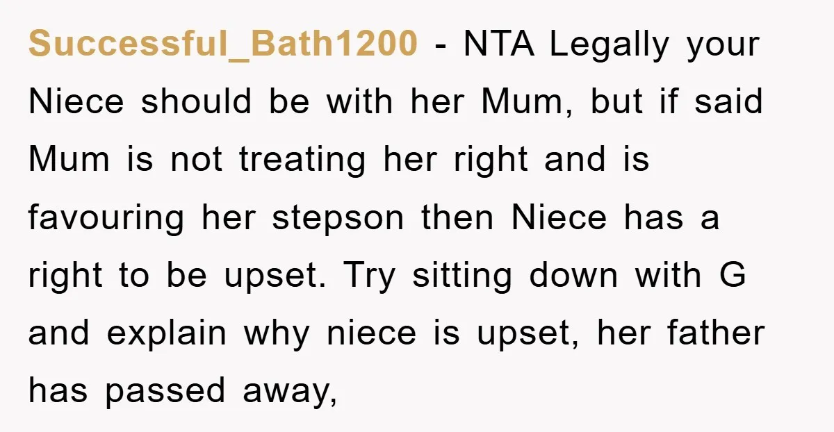 Successful_Bath1200 − NTA Legally your Niece should be with her Mum, but if said Mum is not treating her right and is favouring her stepson then Niece has a right...