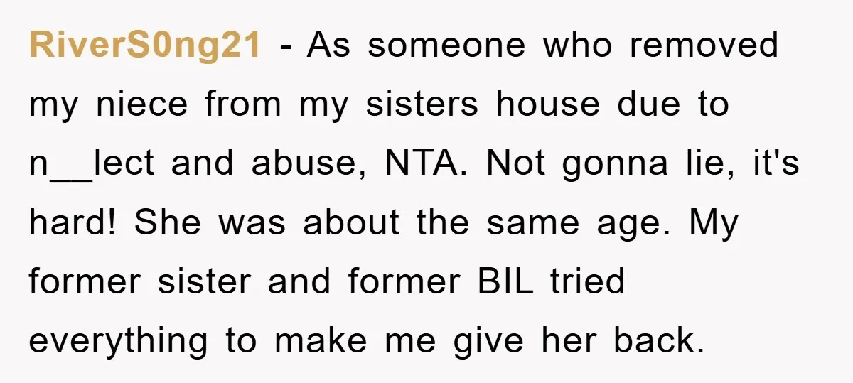 RiverS0ng21 − As someone who removed my niece from my sisters house due to n__lect and abuse, NTA. Not gonna lie, it's hard! She was about the same age. My...