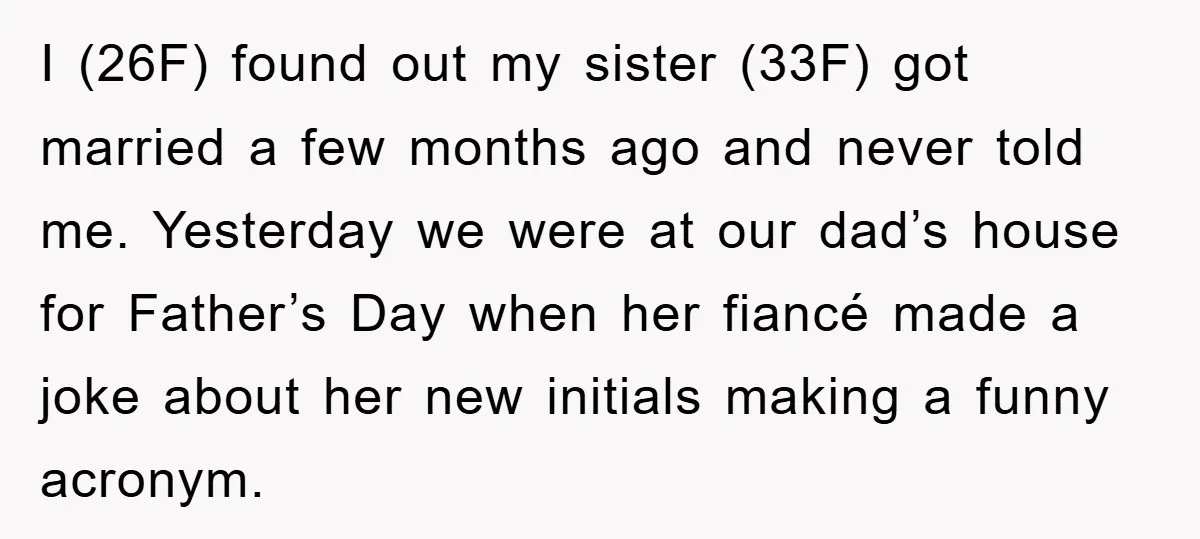 I (26F) found out my sister (33F) got married a few months ago and never told me. Yesterday we were at our dad’s house for Father’s Day when her fiancé...