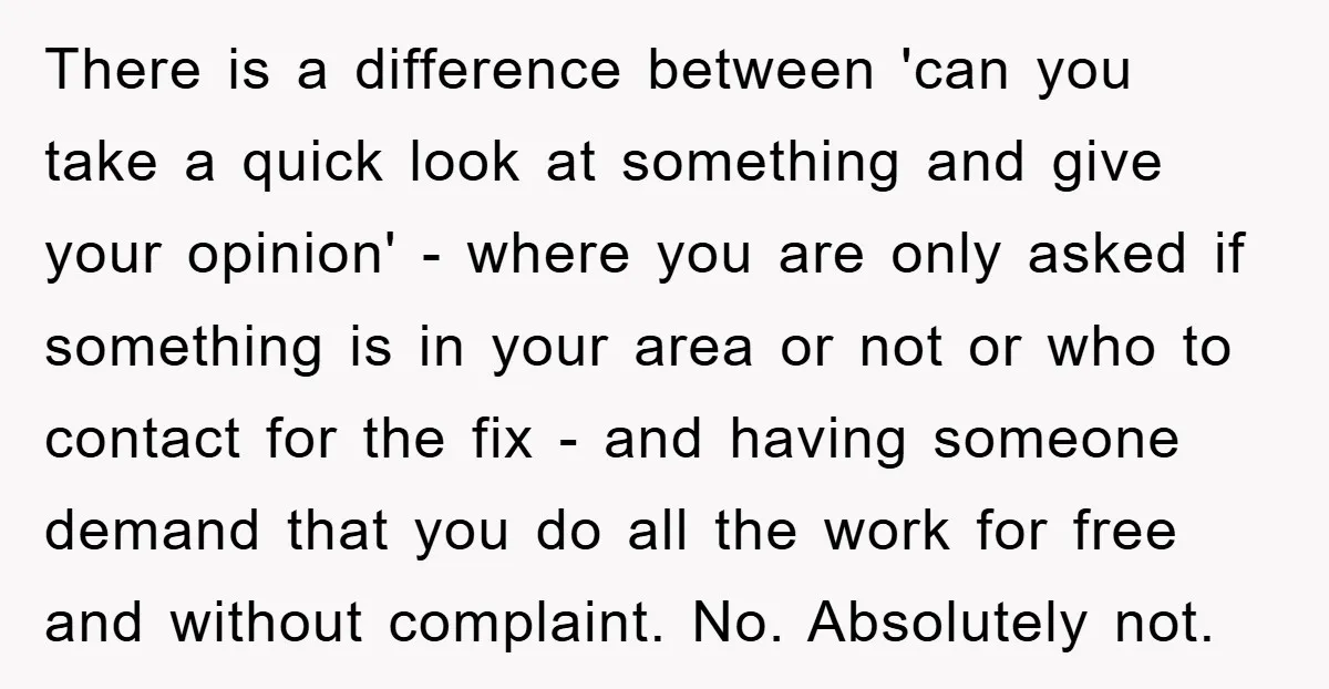 There is a difference between 'can you take a quick look at something and give your opinion' - where you are only asked if something is in your area or...