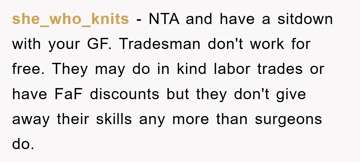 she_who_knits − NTA and have a sitdown with your GF. Tradesman don't work for free. They may do in kind labor trades or have FaF discounts but they don't give...