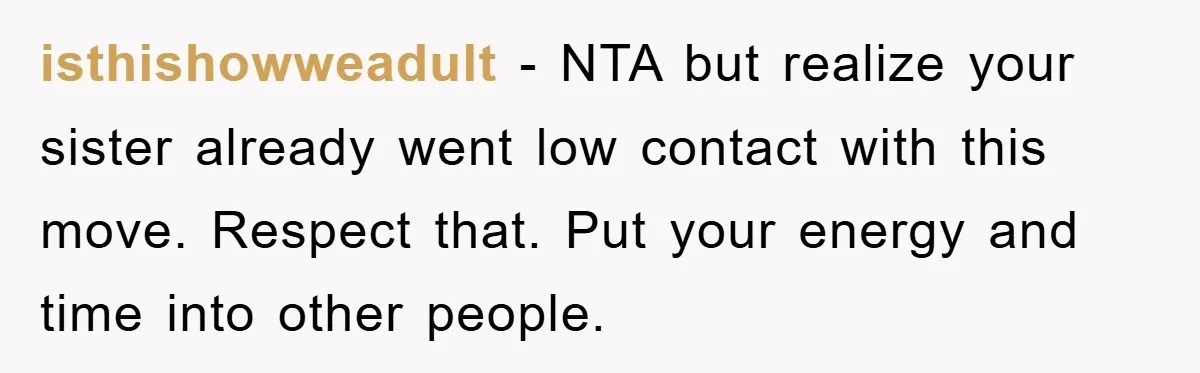 isthishowweadult − NTA but realize your sister already went low contact with this move. Respect that. Put your energy and time into other people.