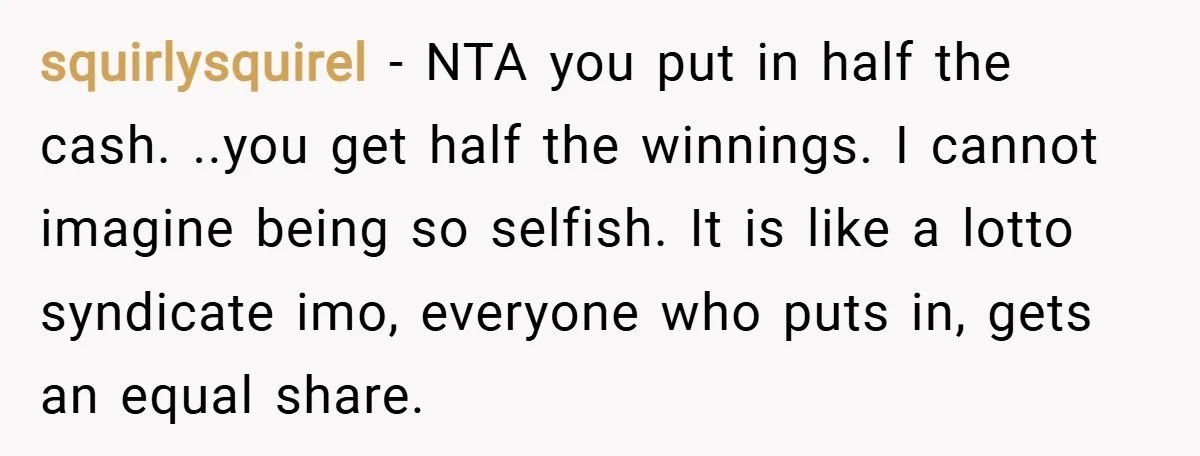 squirlysquirel − NTA you put in half the cash. ..you get half the winnings. I cannot imagine being so selfish. It is like a lotto syndicate imo, everyone who puts...