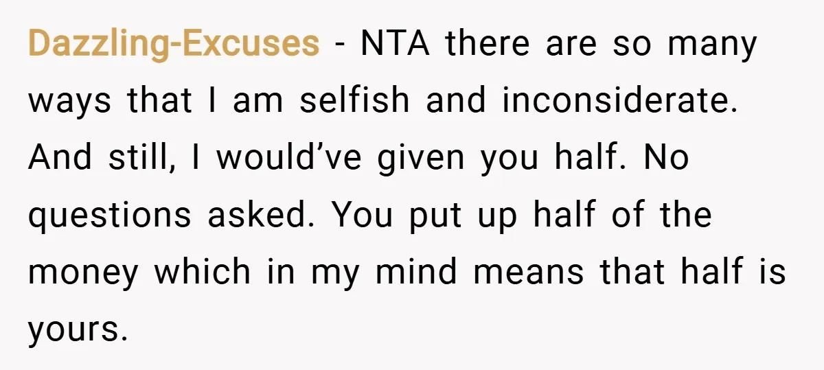 Dazzling-Excuses − NTA there are so many ways that I am selfish and inconsiderate. And still, I would’ve given you half. No questions asked. You put up half of the...
