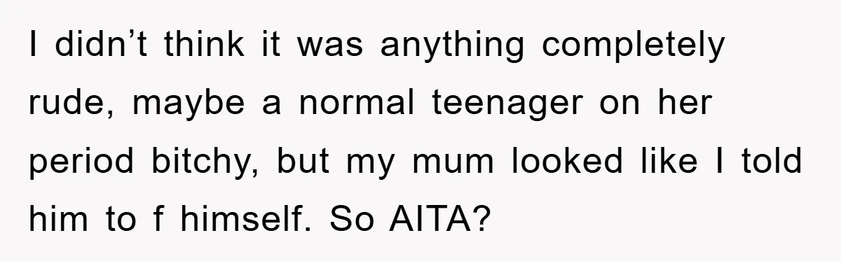 I didn’t think it was anything completely rude, maybe a normal teenager on her period bitchy, but my mum looked like I told him to f himself. So AITA?