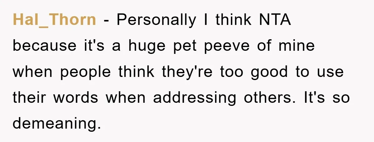 Hal_Thorn − Personally I think NTA because it's a huge pet peeve of mine when people think they're too good to use their words when addressing others. It's so demeaning.