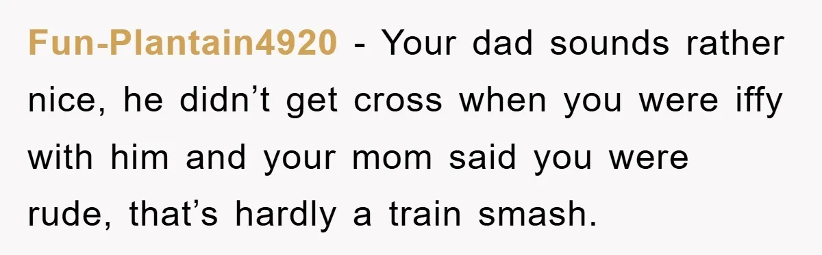 Fun-Plantain4920 − Your dad sounds rather nice, he didn’t get cross when you were iffy with him and your mom said you were rude, that’s hardly a train smash.
