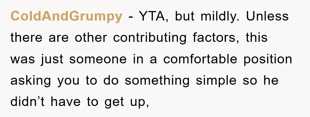 ColdAndGrumpy − YTA, but mildly. Unless there are other contributing factors, this was just someone in a comfortable position asking you to do something simple so he didn’t have to...
