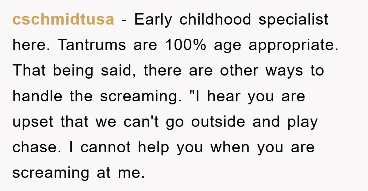 cschmidtusa − Early childhood specialist here. Tantrums are 100% age appropriate. That being said, there are other ways to handle the screaming. "I hear you are upset that we can't...
