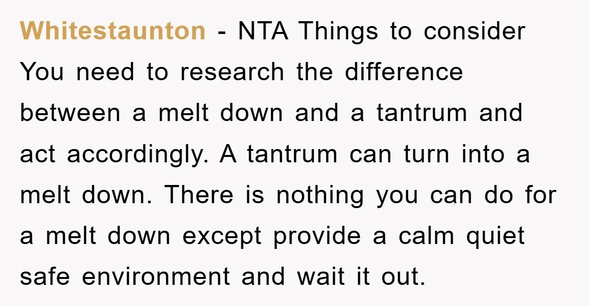Whitestaunton − NTA Things to consider You need to research the difference between a melt down and a tantrum and act accordingly. A tantrum can turn into a melt down....