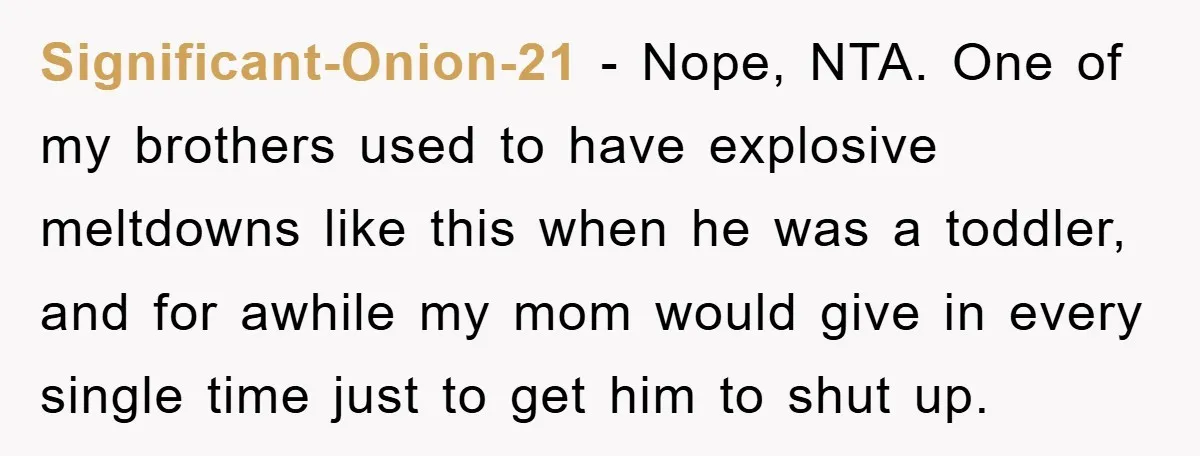 Significant-Onion-21 − Nope, NTA. One of my brothers used to have explosive meltdowns like this when he was a toddler, and for awhile my mom would give in every single...