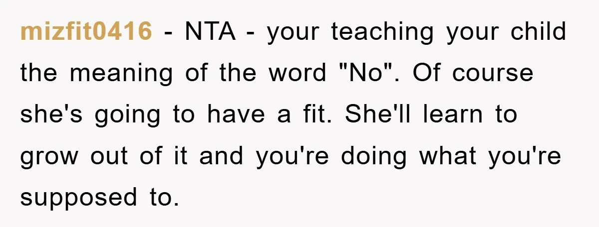 mizfit0416 − NTA - your teaching your child the meaning of the word "No". Of course she's going to have a fit. She'll learn to grow out of it and...