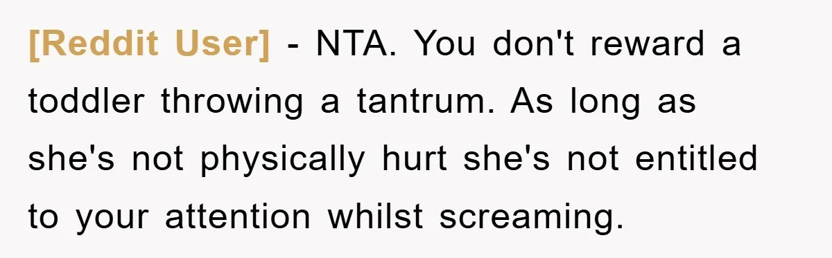 [Reddit User] − NTA. You don't reward a toddler throwing a tantrum. As long as she's not physically hurt she's not entitled to your attention whilst screaming.