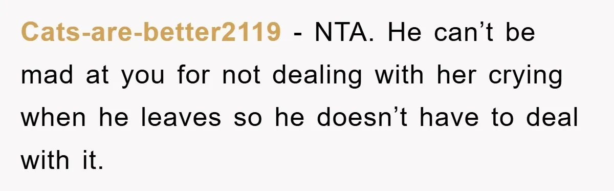 Cats-are-better2119 − NTA. He can’t be mad at you for not dealing with her crying when he leaves so he doesn’t have to deal with it.