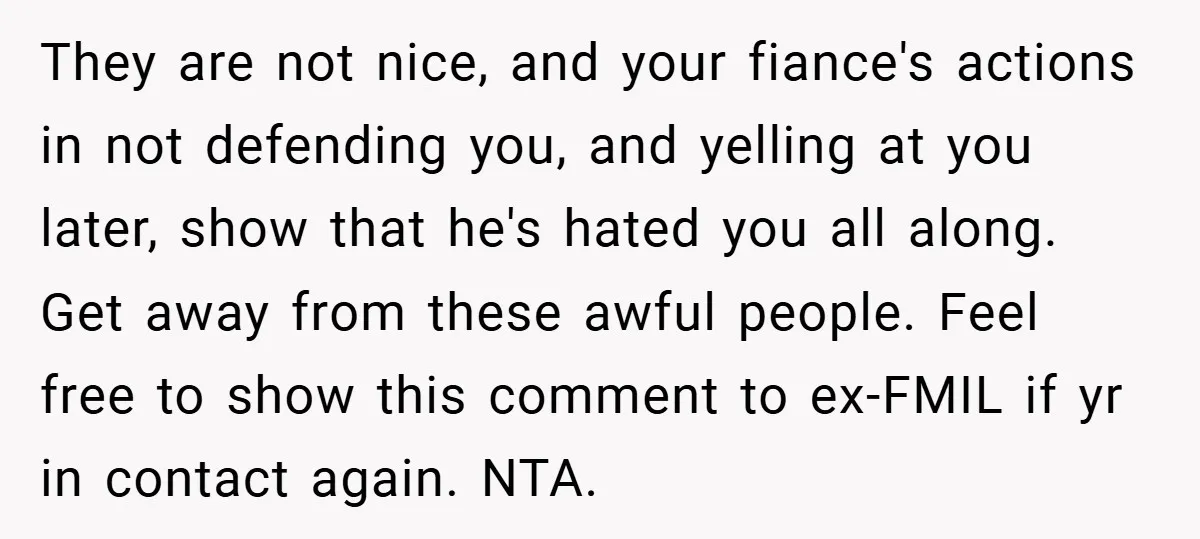 They are not nice, and your fiance's actions in not defending you, and yelling at you later, show that he's hated you all along. Get away from these awful people....